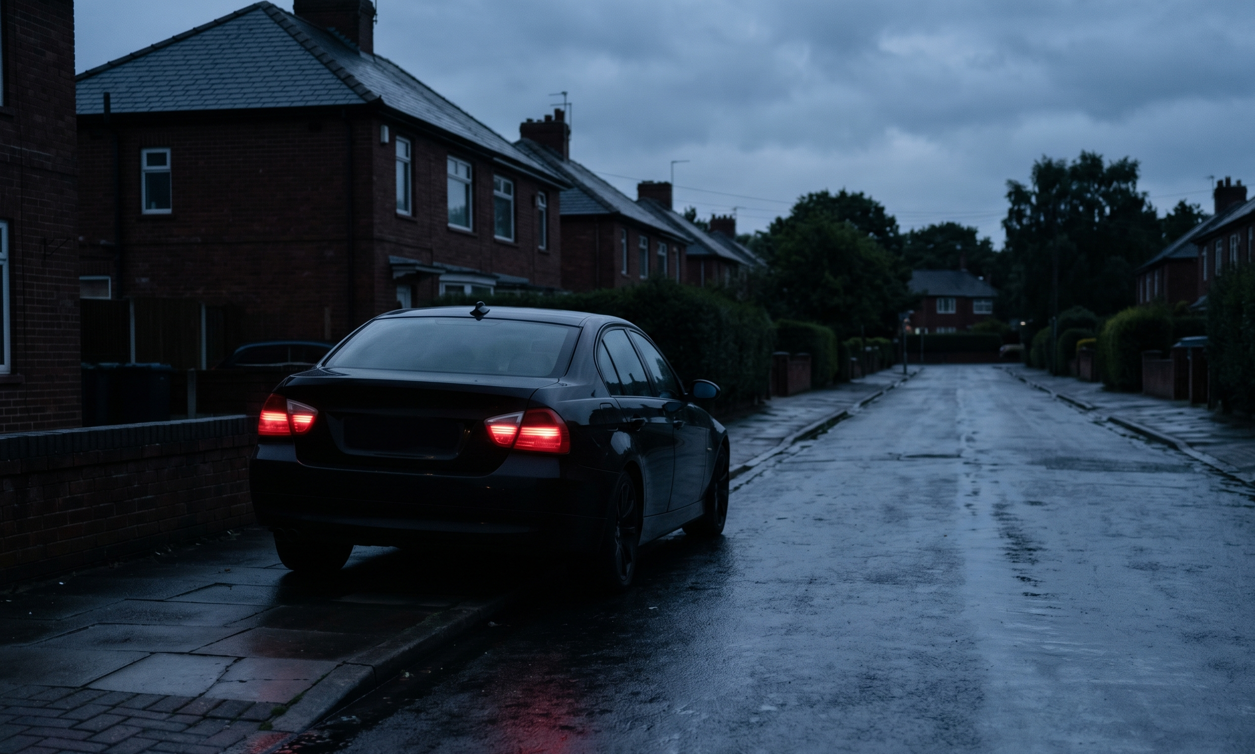 Just-delivered car parked on a wet British residential street at dusk